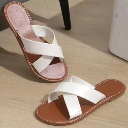 Stylish White Cross-Strap Flat Sandals for Women with Elegant Anklet Design