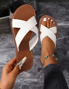 Stylish White Cross-Strap Flat Sandals for Women with Elegant Anklet Design